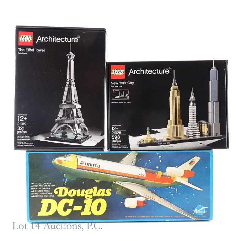 LEGO Architecture, Douglas DC-10 (3): LEGO Architecture, Douglas DC-10 (3). Two (2) New In Box, LEGO Architecture sets: #21019 and 21028. Also included is a Complete In Box, United Airlines Douglas DC-10 by Mesem - Tested and Working
