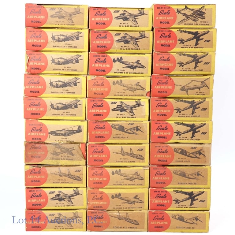 50's Guillow's Balsa Airplane Models, NIB (30): 50's Guillow's Balsa Airplane Models, NIB (30). Collection of 30 Guillow's Sensational Die-Cut balsa wood scale airplanes, Series 25SDC, circa 1950 that appear to be New In Box. Some models included:
