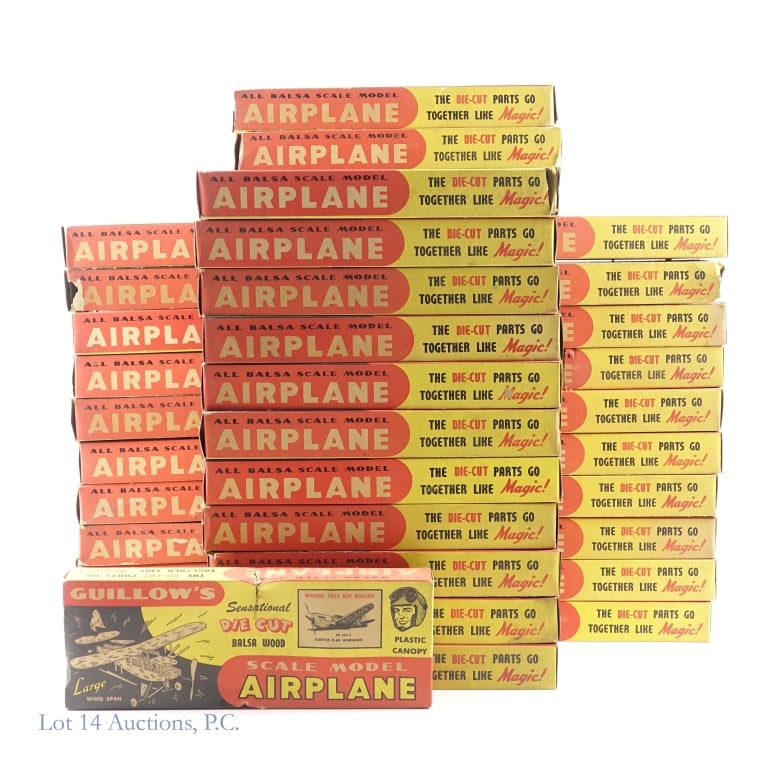 50's Guillow's Balsa Airplane Models, NIB (+30): 50's Guillow's Balsa Airplane Models, NIB (+30). Collection of over 30 Guillow's Sensational Die-Cut balsa wood scale airplanes, Series 25SDC, circa 1950 that appear to be New In Box. Some models
