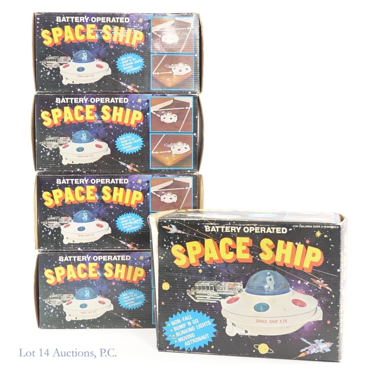 Soma Bump N' Go X711 Space Ship, NIB (5): Soma Bump N' Go X711 Space Ship, NIB (5). Lot of 5 Battery Operated Space Ships (Model X711) by Soma circa 1970's. All items are New In Box / New Old Stock. Shelf wear apparent. See photos for more