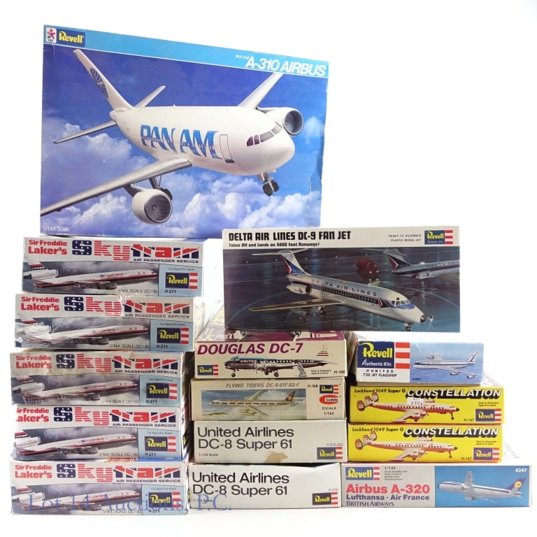 Vintage Revell Model Plane Kits: Vintage Revell Model Plane Kits. Collection of model plane kits from Revell, varying in box condition. One model Constellation Lockheed 1049 Super G is box only. Items appear NOS. See photos for more