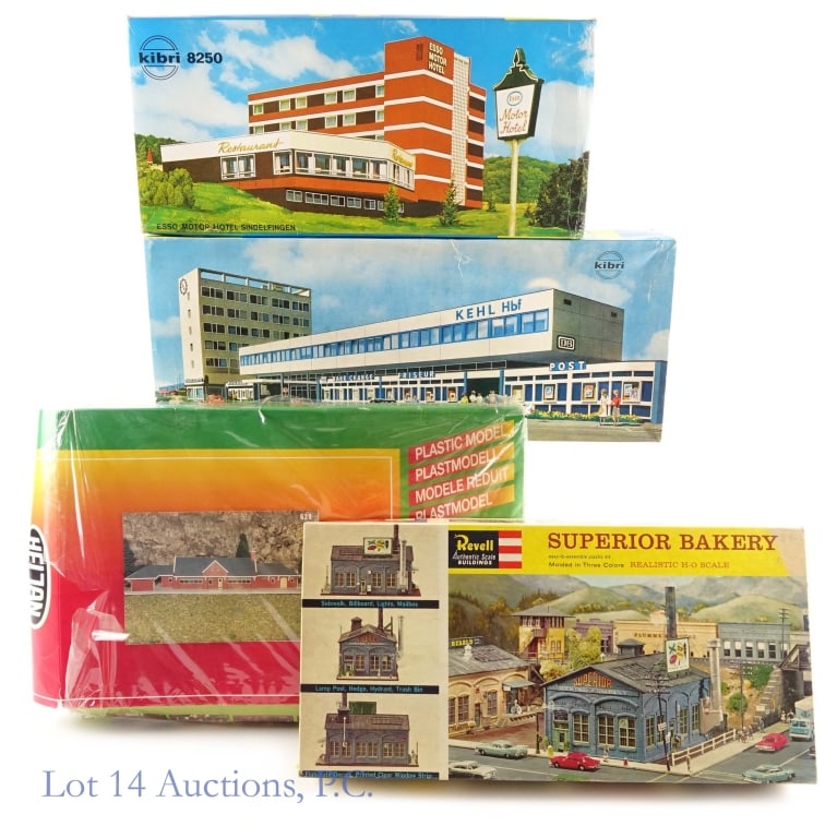 Vintage Model Buildings (4): Vintage Model Buildings (4). 4 vintage model buildings in box with all pieces. Boxes have light shelf wear and Heljan box is smushed. See photos for more details on condition and content. There may be