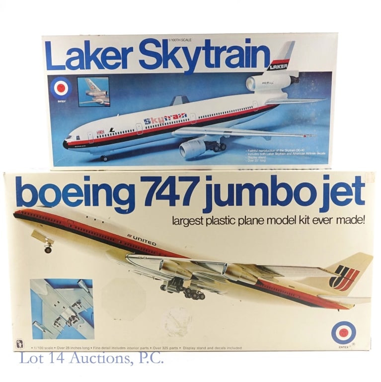 Entex Laker Skytrain & Boeing 747 Jumbo Jet: Entex Laker Skytrain & Boeing 747 Jumbo Jet. Entex Laker Skytrain and Boeing 747 Jumbo Jet labelled "largest plastic plane model kit ever made!" Items are in box and have some tape, otherwise just