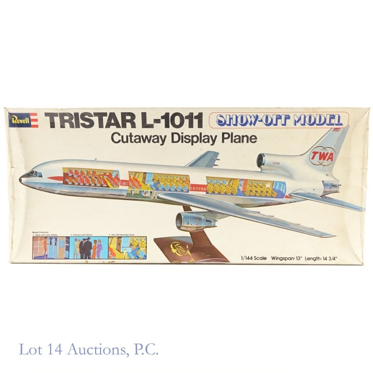 Revell Tristar L-1011 Show Off Model Plane: Revell Tristar L-1011 Show Off Model Plane. 1973 show off model plane in opened box with all pieces. It features upper and lower galleys, over 220 seats, 8 crew action figures, windows, wheels, and
