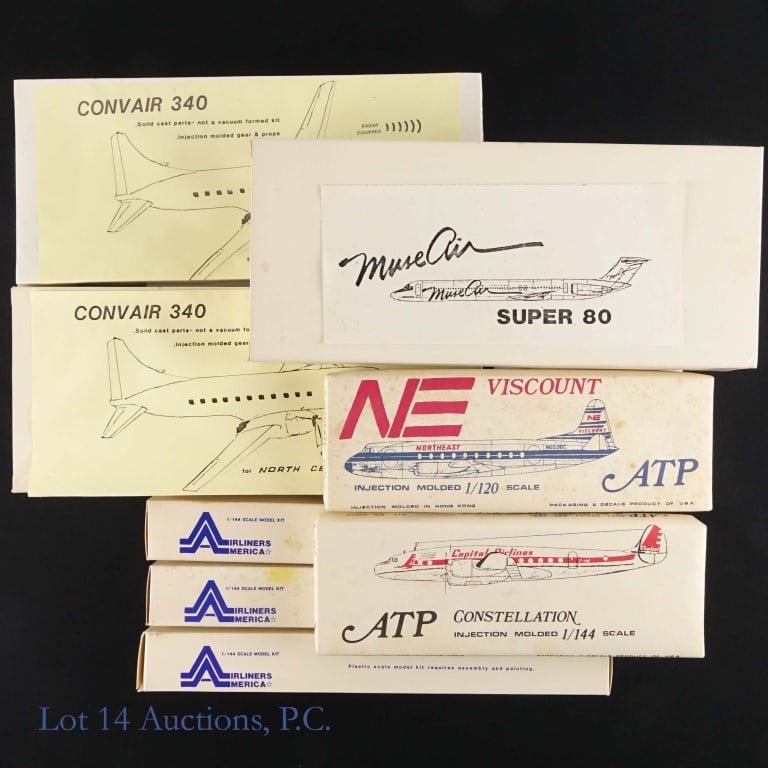 Airliners America ATP Model Plane Kits (6): Airliners America ATP Model Plane Kits (6) 6 Airliners America ATP model plane kits in box, all 1/144 scale. Comes with 2 extra boxes containing propellers, & more. Boxes have normal shelf wear. See p