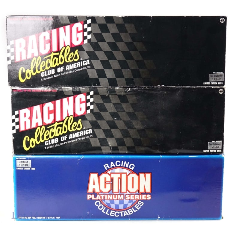 NHRA 1:24 Scale LE Models In Display Cases (3): Three (3) NHRA 1:24 scale 1995 limited edition 1of 5,004 top fuel dragster models in display cases and original cardboard boxes. From RCAA Racing Collectables Club Of America.