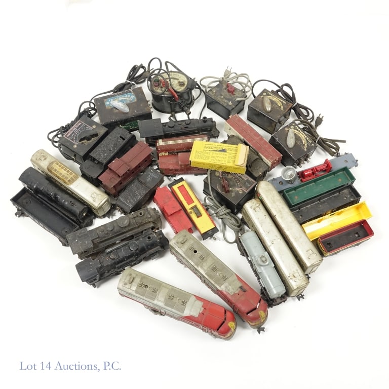 Vintage O Scale Train Engines, Cars, Transformers: Vintage O scale trains - three (3) engines, twenty five (25) various cars, transformers, and controllers. See photos for details, selection and condition.