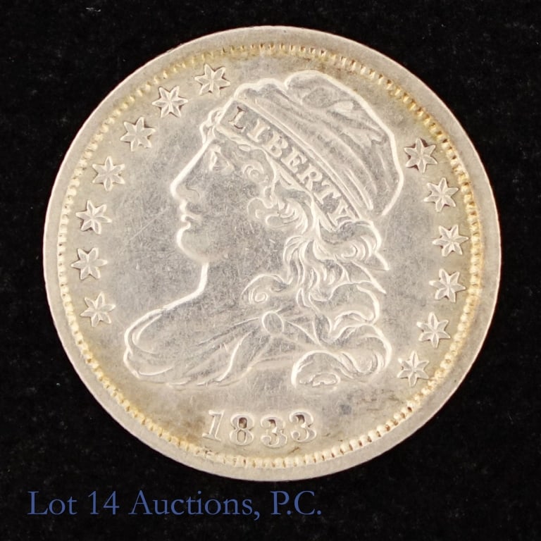 1833 US Silver Capped Bust 50c SE R-5.0 (AU+): 1833 (P) silver capped bust dime (Philadelphia Mint). Per consigner, in AU+ condition. Designer John Reich. Mintage 485,000 with PCGS survival estimate of 1,500 (R-4.8). Silver content confirmed on Lo