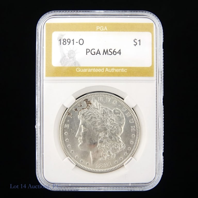 1891-O Silver Morgan Dollar (PGA MS64): 1891-O United States silver Morgan dollar (New Orleans Mint). PGA slabbed MS64. Metal is 90% silver (ASW = 2.32 ozt). Mintage 8 million. Silver content confirmed on Lot 14 Auctions electronic metal ve
