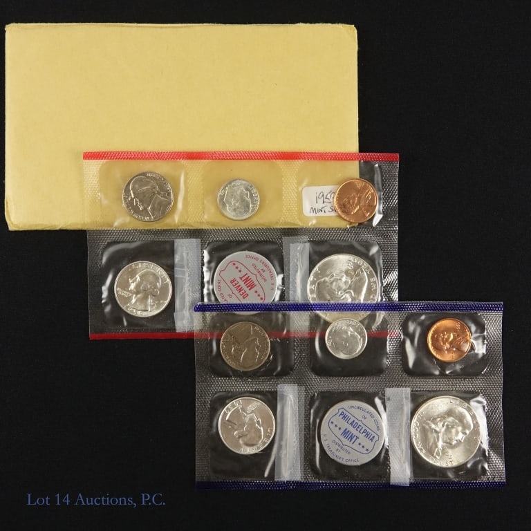 1959 (P) US Silver 10-Coin Mint Set in OGP: 1959 United States 90%-silver 10-coin mint set in their original blister packaging and government packaging. Set contains five coins from Philadelphia Mint and five from Denver Mint. MINTAGE IS 187,00