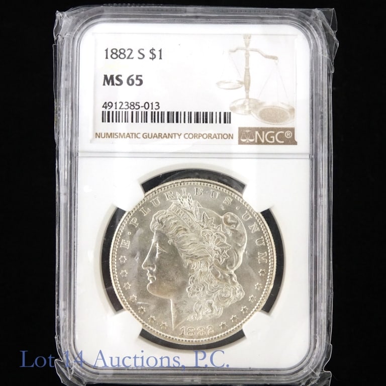 1882-S US Silver Morgan Dollar (NGC MS 65): 1882-S United States silver Morgan dollars (San Francisco Mint). Metal is 90% silver. NGC graded MS-65. Mintage is 9,250,000 with a PCGS survival estimate of 80,000 (R-2.2) at grades 65 or better. Gre