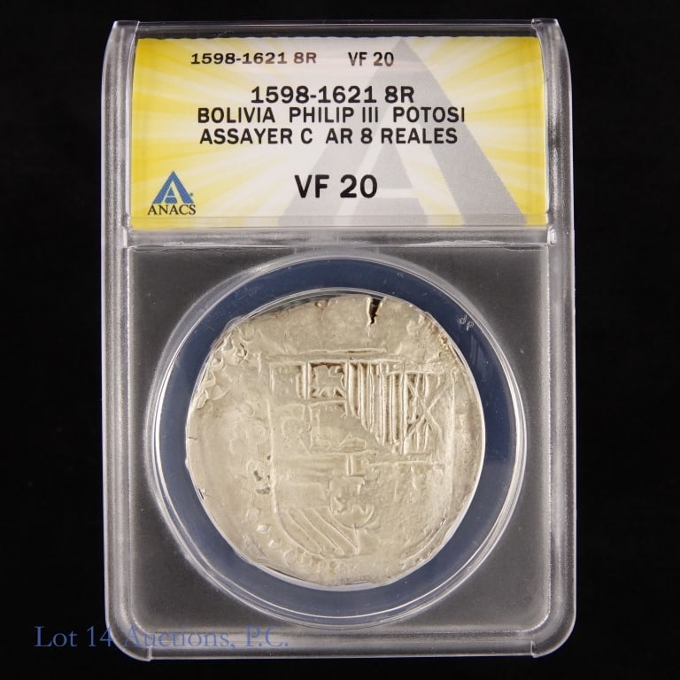 1621-P Bolivia Silver 8 Reales (ANACS VF20): (1598-1621) Bolivia silver Philip III 8 reales (Potosi Mint, Assayer C). ANACS graded VF20. Obverse: coat representing the lands of the catholic kings and a crown on the top. Reverse: Jerusalem Cross.