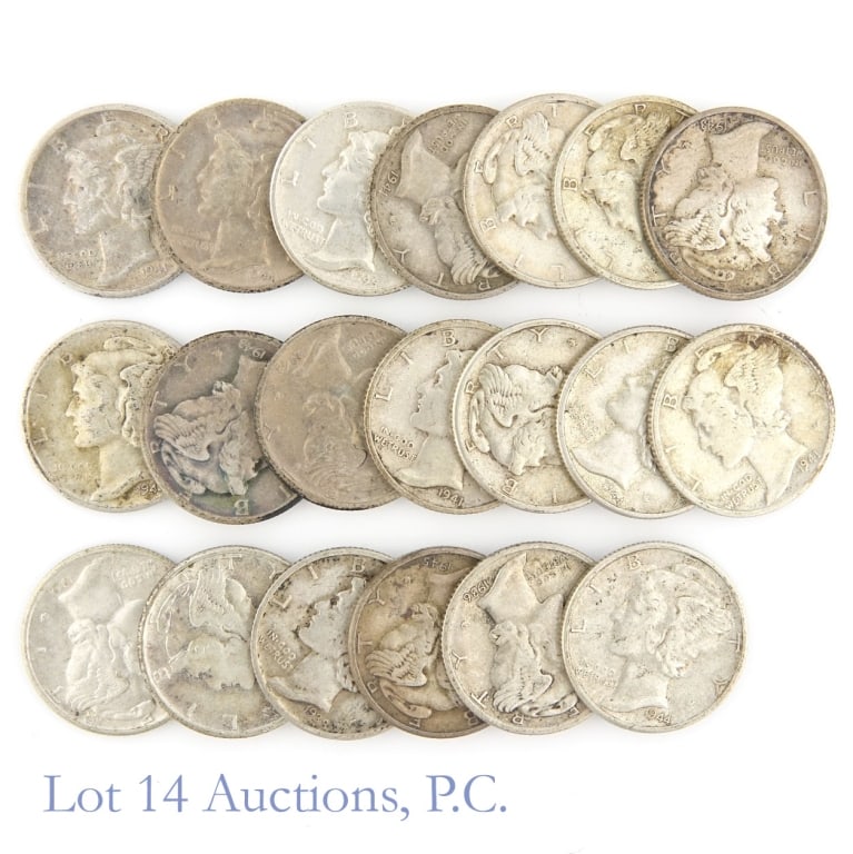 1936 - 1945 US Silver Mercury Dimes (*VF-AU), 20: Twenty (20) United States 90%-silver mercury dimes. *Per consigner, this partial roll contains some with mint marks, all in VF to AU condition and dated 1936 to 1945. ***Lot 14 Auctions is not a profe