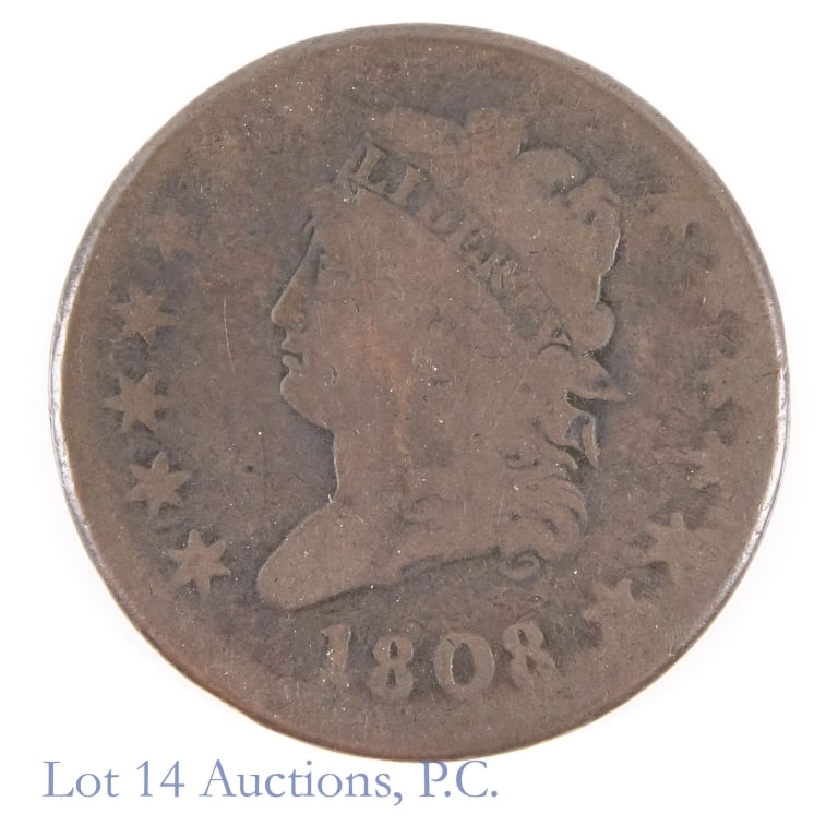 1808 US Classic Head Large Cent (full LIBERTY): 1808 United States copper classic head large cent (Philadelphia Mint). Per consigner, full LIBERTY. Mintage is 1,007,000 with a PCGS survival estimate of 4,000 (R-4.2). Weighs 10.39 grams on our elect