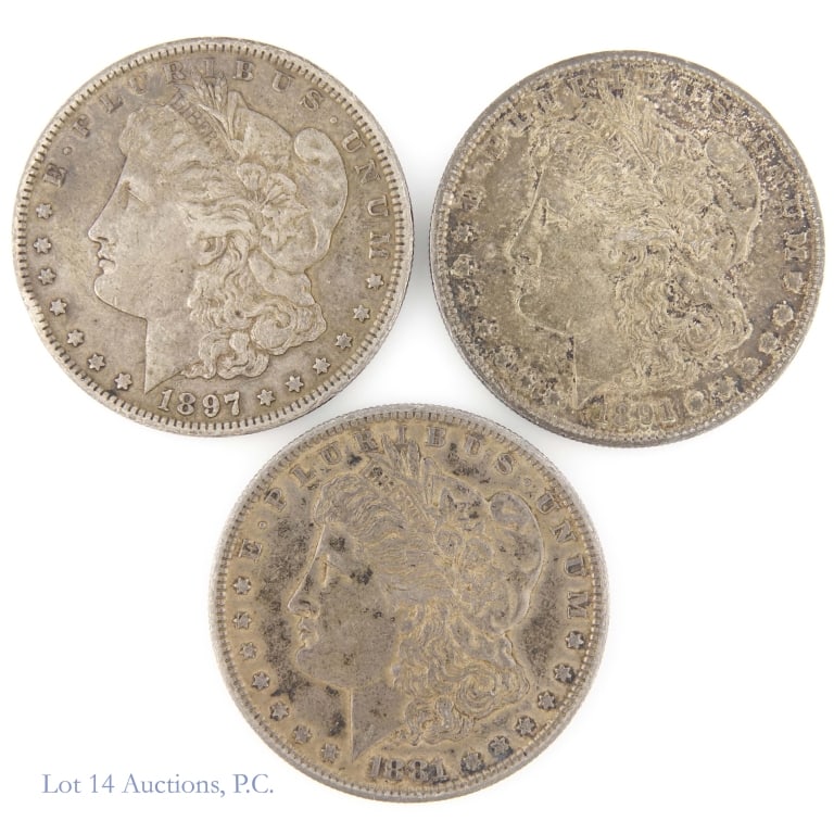 1881s, 1891s & 1897s US Silver Morgan $1, 3: Three (3) United States silver Morgan dollars(San Francisco Mint). Metal is 90% silver (lot est. ASW 2.3 ozt.). Dates and mintages as follows: ---1881-S (m 12,760,000); ---1891-S (m 5,296,000); and --