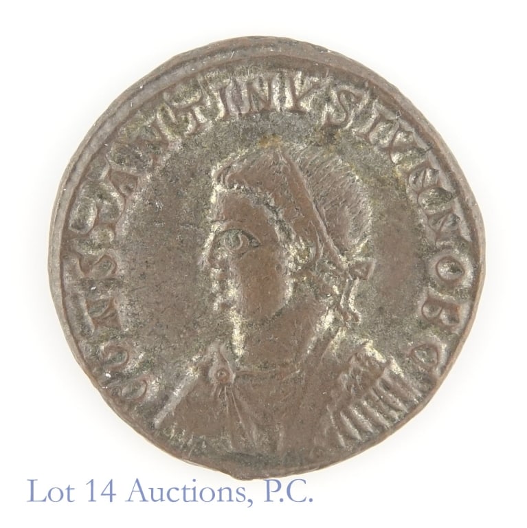(330 CE) Roman Constantine II BI Anton (*AU): (330-337 CE) Roman Emperor Constantine II BI Antoniniahus (AE Follis/nummus) in Distinctive Coins, Downers Grove Illinois holder. Antioch Mint (SMANTS), likely minted 325-326 CE. *Per consigner, with 