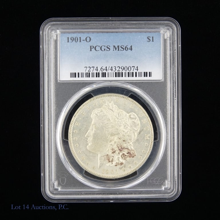 1901-O Silver Morgan Dollar (MS64): 1901-O United States silver Morgan dollar (New Orleans Mint). PCGS graded MS64 with toning on obverse. Metal is 90% silver. Mintage 13,320,000. Greysheet retail price guide value at CAC graded MS-64 i