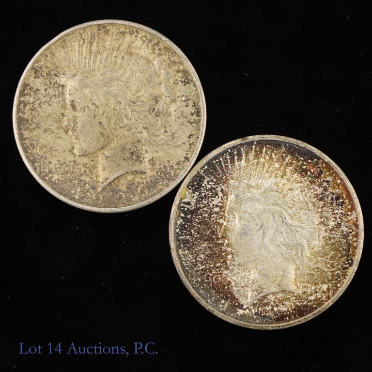 1924s & 1926s US Silver Peace Dollars, 2: Two (2) United States 90%-silver peace dollars (San Francisco Mint) with dates, mintages and PCGS survival estimates (SE) as follows: ---1924-s mintage 1,728,000 with SE of 60,000 (R-2.4); and ---1926