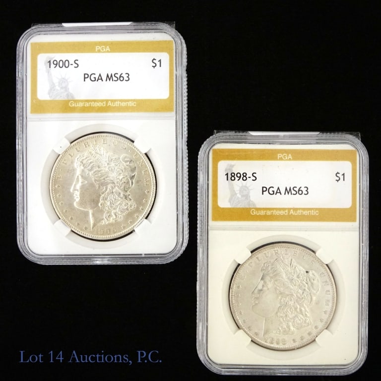 1898-S US Silver Morgan $1 (PGA): 1898-S United States silver Morgan dollar (San Francisco Mint). PGA slabbed MS63. Metal is 90% silver. Mintage 4,102,000. Silver content confirmed on Lot 14 Auctions electronic metal verifier. Greyshe