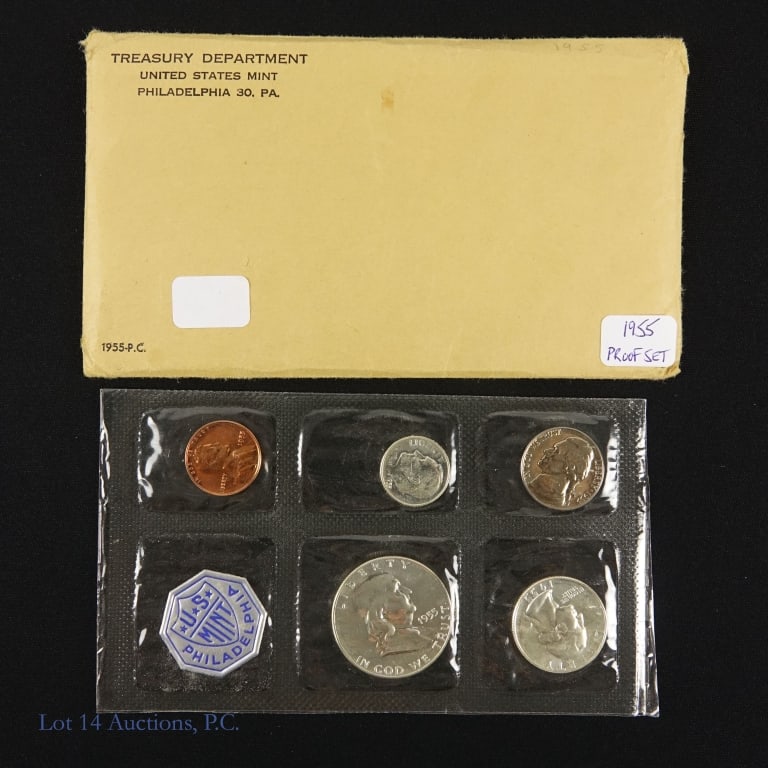 1955 (P) US Silver Proof 5-Coin Set: 1955 United States silver proof 5-coin set (Philadelphia Mint) in its original blister pack. nice. The dime, quarter and half dollar coin's metal is 90% silver. Mintage is 378,200. Greysheet price gui