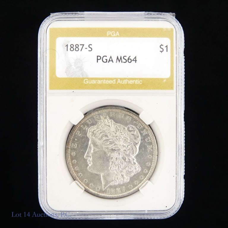 1887-s US Silver Morgan $1 (PGA): 1887-S United States silver Morgan dollar (San Francisco Mint). PGA slabbed MS64. Metal is 90% silver. Mintage 1,771,000. Greysheet wholesale price guide value at MS-63 is $420. Silver content confirm