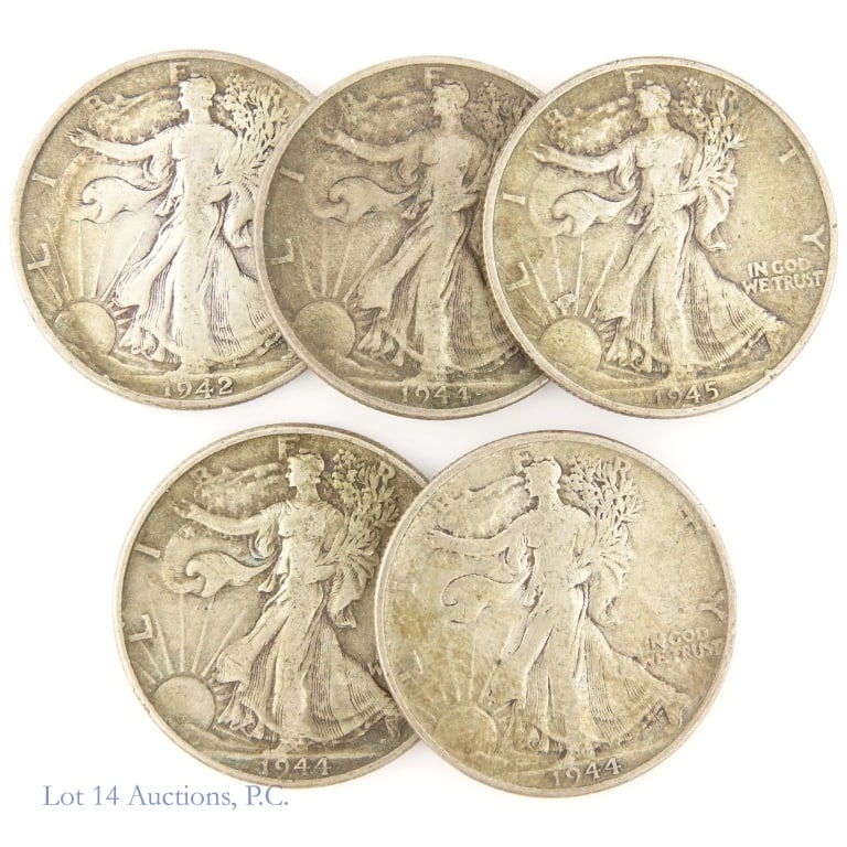 1942 - 1945 US 90%-Silver W/L 50c (5): Five (5) United States silver walking liberty half dollars (Philadelphia Mint). Metal is 90% silver (Lot est. ASW 1.8 ozt.). dates as follows: ---1942 (P); ---1944 (P) (3); and ---1945 (P). Silver con