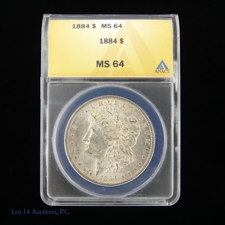1884 US Silver Morgan Dollar (ANACS MS64): 1884 (P) United States silver Morgan dollar (Philadelphia Mint). ANACS graded MS64. Metal is 90% silver. Per Greysheet: " notably scarce in higher grades". ***Lot 14 Auctions is not a professional num
