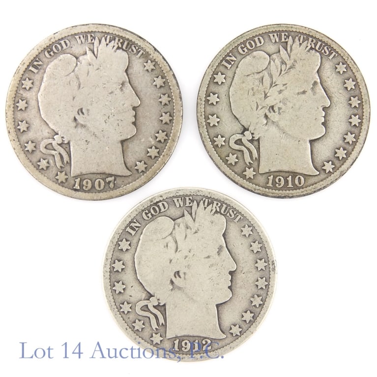1907s 1910s 1912s US Silver Barber 50c, 3: Three (3) United States silver Barber half dollars (San Francesco Mint). Per consigner, all in good or better condition, hand picked from big lot. Metal is 90%-silver (lot's ASW is 1.085 ozt). Dates a