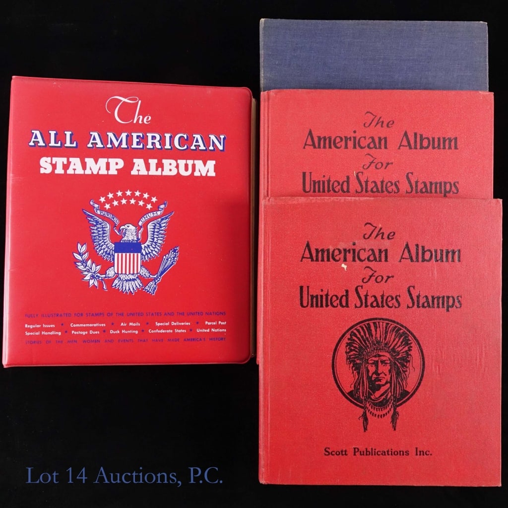 US Postage Stamp (4 Albums): Four (4) United States postage stamp in Scotts albums as follows: @@@Scott's All American Stamp Album earliest dates examples include: 1869 --locomotive 3 cent (#88), 1870-71 --Franklin 1c (#108), -- 
