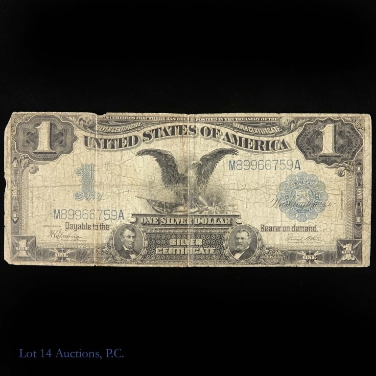 1899 US $1 Silver Certif. Blue Shield LARGE NOTE: (F-236) 899 United States silver certificate - blue seal LARGE NOTE (Speelman / White) s/n M-89966759-A (a full house three 9s two 6s). ***Lot 14 Auctions is not a professional numismatic grading agen