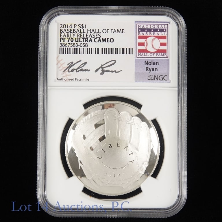 2014-P US Silver Baseball HOF $1 (NGC PF70): 2014-P United States silver proof Baseball Hall of fame commemorative dollar (Philadelphia Mint). NGC graded PF 70 ultra cameo) - early release. Has Nolan Ryan facsimilia signature. Per PCGS Ron Guth: