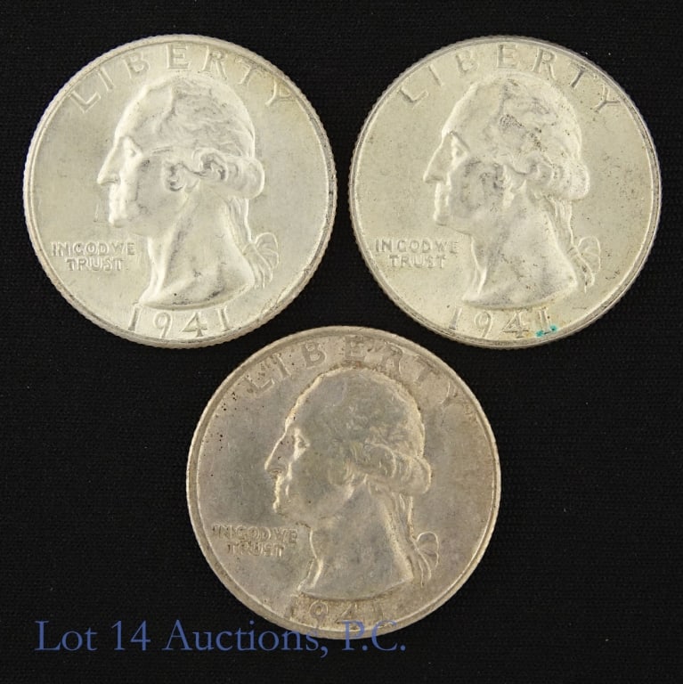 1941 P, S US Silver Washington 25c (Org. Luster) 3: Three (3) United States silver Washington quarters (Philadelphia, San Francisco Mints). *Per consigner, all have original mint luster and are hard to find this nice in high grade. Metal 90% silver. Da