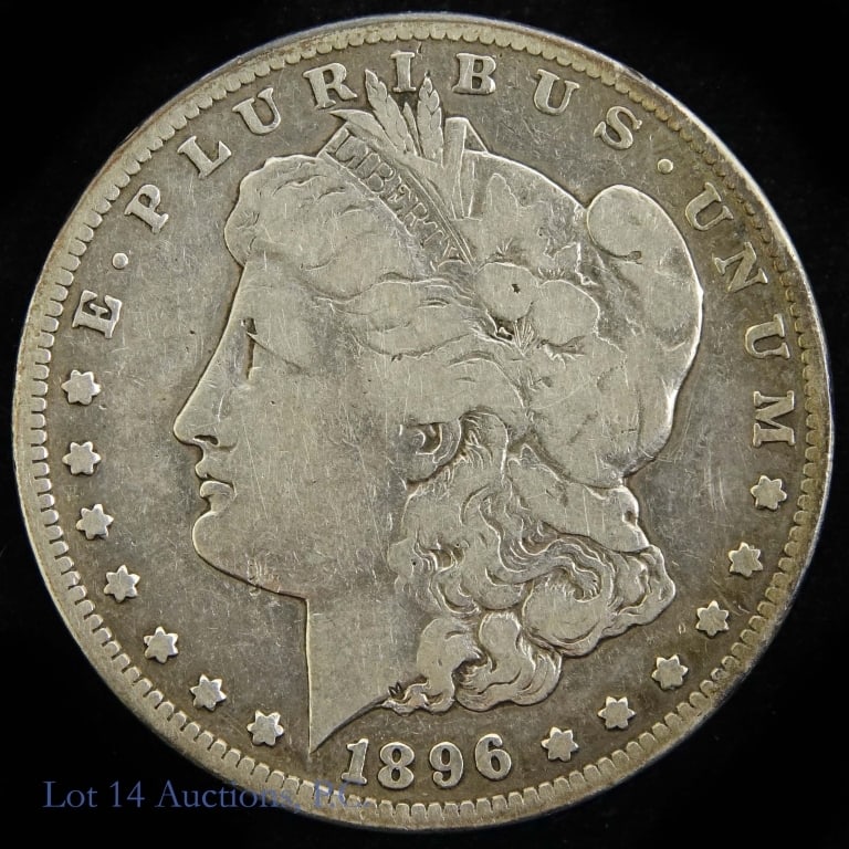1896-S US Silver Morgan Dollar (VG): 1896-S United States Morgan silver dollar (San Francisco Mint). Per consigner, in very good condition. Metal is 90% silver and weighs 26.73 grams. Mintage 5,000,000. Silver content confirmed on Lot 14