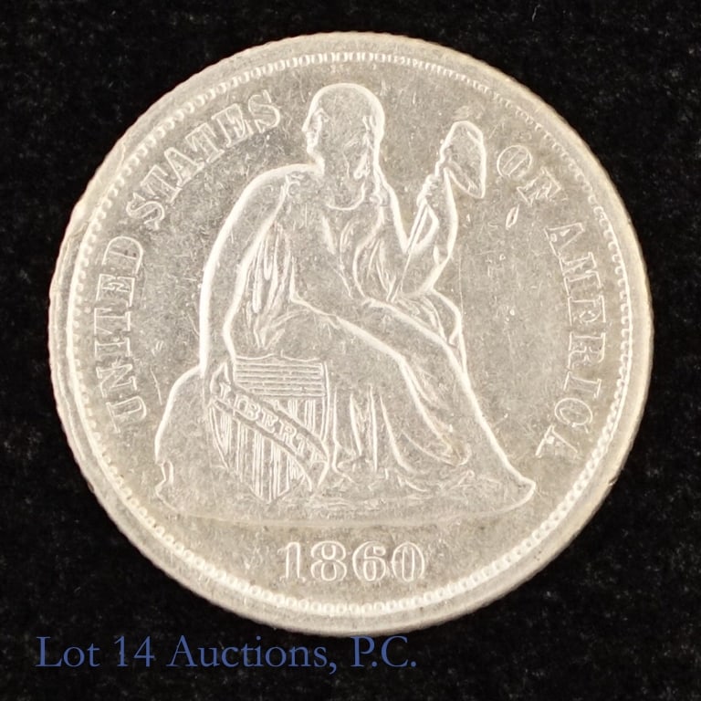 1860 (P) US Silver Liberty Seated 10c (SE R-5.0): 1860 (P) silver liberty seated dime (Philadelphia Mint). Per consigner, in XF+ condition. Mintage 606,000 with PCGS survival estimate of 1,000 (R-5.0). Silver content confirmed on Lot 14 Auctions elec