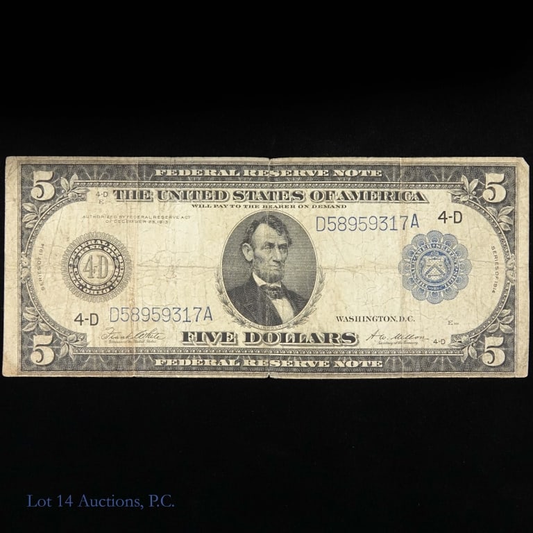 1914 US $5 Fed Reser Note Blue Seal (F-859): (F-859) series 1914 United States $5 Federal Reserve note, blue seal Cleveland LARGE SIZE (White / Mellon) s/n D-58959317-A. ***Lot 14 Auctions is not a professional numismatic grading agency. Consign