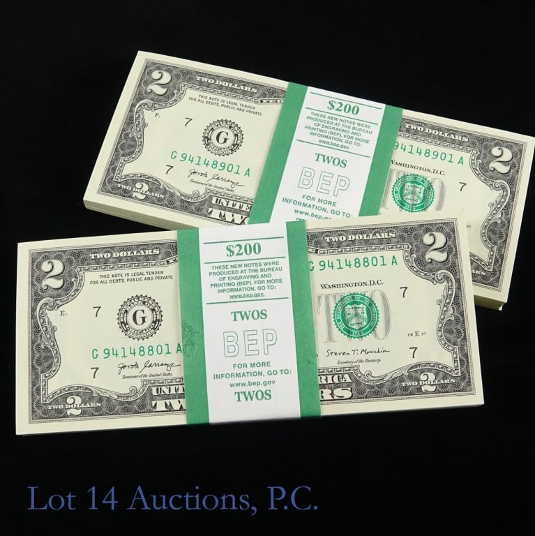 2017-A $2 Fed Reserve Notes CU Consec. S/Ns (200): (F-1941G) two hundred (200) series 2017-A $2 Federal Reserve notes - green seal Chicago (Carranza / Mnuchin) in two green U.S. treasury Bureau of Printing & Engraving BEP bank straps. Lot has $400 fac
