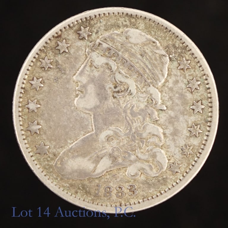 1833 US Silver Capped Bust 25c R-4.6 (*XF): 1833 United States silver capped bust quarter (Philadelphia Mint). Designer John Reich. *Per consigner, hair details, clasp bold and clear in XF condition. Metal is 89.2% silver. Mintage 156,000 with 