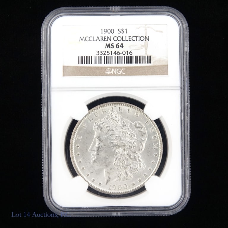 1900 (P) Silver Morgan Dollar (NGC MS64): 1900 (P) United States silver Morgan dollar (Philadelphia Mint). NGC graded MS-64 - McClaren Collection. Metal is 90% silver. Mintage 8,830,000. Greysheet wholesale price guide value at CAC graded MS-