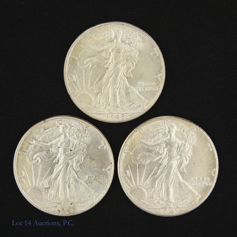 1941 '43 & '45 US Silver W/L 50c (*BU), 3: Three (3) United States 90% silver walking liberty half dollars (Philadelphia Mint). *Per consigner, original surfaces minimal contact marks. Dates and consigner comments as follows: ---1941 (P) BU; -