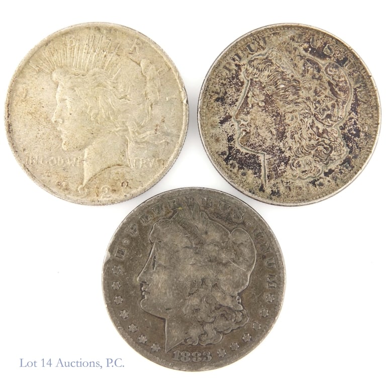 US 90%-Silver Morgan & Peace $1, 3: Three (3) United States 90%-silver dollars (Philadelphia, San Francisco Mints). Metal is 90% silver (lot est. ASW 2.3 ozt.) Dates and type as follows: ---1883-S Morgan $1; ---1921 (P) Morgan $1; and -