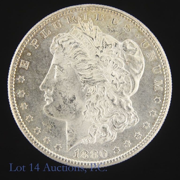 1880-S US Silver Morgan $1 (*CH BU Flashy Luster): 1880-S United States silver Morgan dollar (San Francisco Mint). *Per consigner, has flashy luster with slight obverse toning in CH BU condition. Metal is 90%-silver (ASW 0.77 ozt). Mintage 8,900,000. 