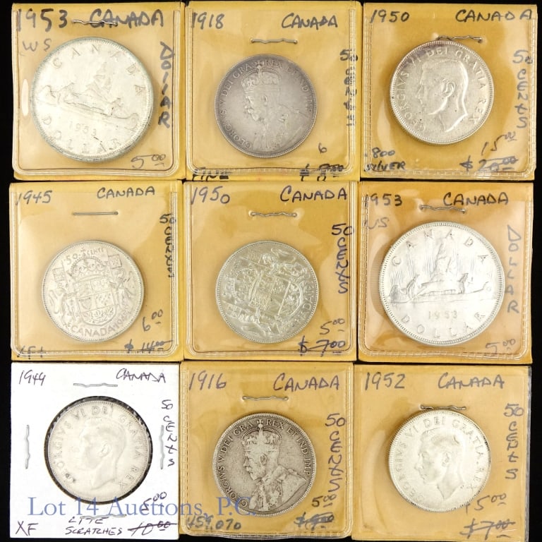 1916 - 1953 Canada 80%-Silver Coins (9): Nine (9) Canada silver 50 cents and dollar coins with estimated ASW of 3.3 troy ounces as follows: ---1916 92.5%-silver George V 50 cents (m 459,070); ---1918 92.5%-silver George V 50 cents (m 854,989