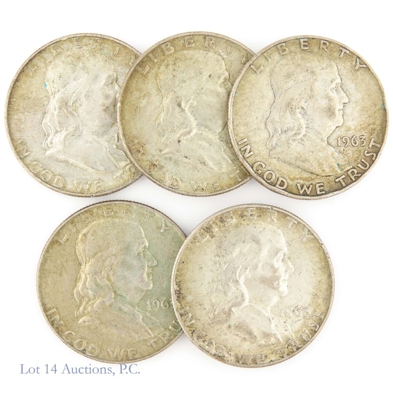 1963 P,D US 90%-Silver Franklin 50c, 5: Five (5) 1963 P,D United States silver Franklin half dollars (Philadelphia, Denver Mints). Metal is 90% silver (Lot est. ASW 1.8 ozt.). Silver content confirmed on Lot 14 Auctions electronic metal ver