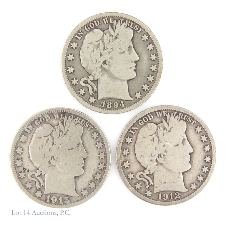 1894o, '12p & '15s US Silver Barber 50c, 3: Three (3) United States 90%-silver Barber half dollars (Philadelphia, San Francisco, New Orleans Mints). *Per consigner, above average coins with full rims. Dates, mintages, PCGS survival estimates (S