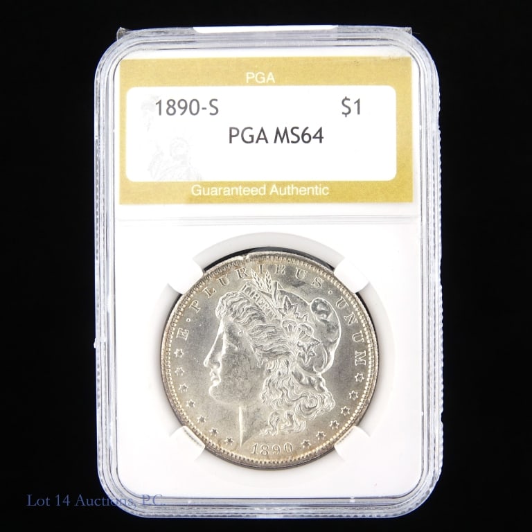 1890-S Silver Morgan Dollar (PGA): 1890-S United States silver Morgan dollar (San Francisco Mint). PGA slabbed MS64. Metal is 90% silver. Mintage 8,230,373. Silver content confirmed on Lot 14 Auctions electronic metal verifier. Greyshe