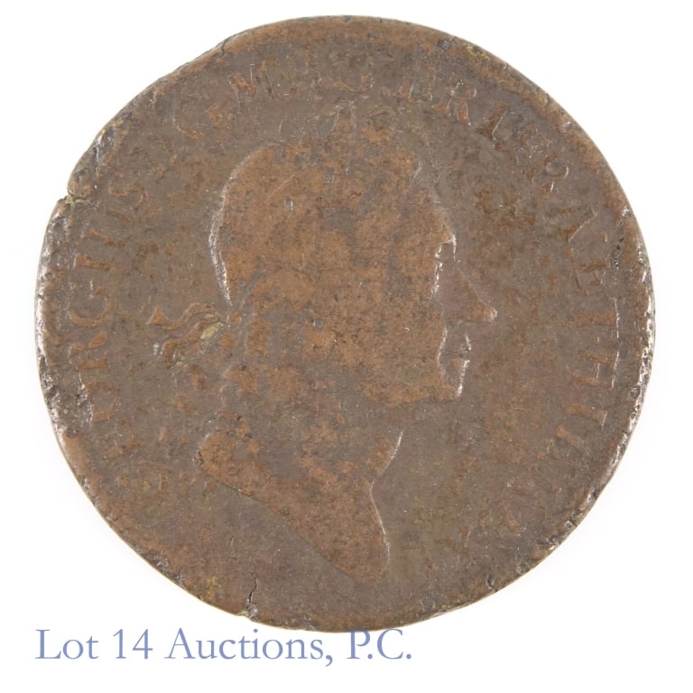 1723 UK Rosa Americana brass 2 pence: 1723 United Kingdom (for American colonies) Rosa Americana two pence (William Wood Mint, London). Obverse: King George 1st. Reverse: crown on a rose. Metal is brass, weighs 13.35 grams on our electron