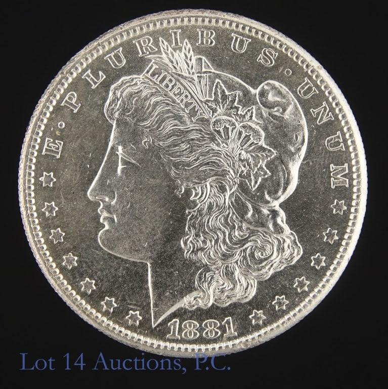 1881-S US Silver Morgan Dollar (Lustrous): 1881-S United States silver Morgan dollar (San Francisco Mint). Per consigner, lustrous. Mintage 12,760,000. ***Lot 14 Auctions is not a professional numismatic grading agency. Consigner descriptions 