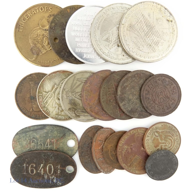 U.S. Various Tokens & Medals (20): Twenty (20) various United States tokens and medals as follows: ---1910 Excelsior shoe merchant medal; ---1937 C.D. Peacock centennial - milestone in Chicago history - metal (cut from Peacock's vault 