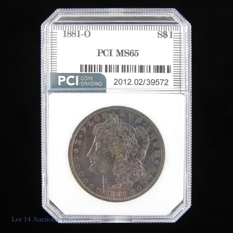 1881-O US Silver Morgan Dollar (PCI): 1881-O United States silver Morgan dollar (New Orleans Mint). PCI slabbed MS-65 with deep toning on obverse. Metal is 90% silver. Mintage 5,708,000. Silver content confirmed on Lot 14 Auctions electro