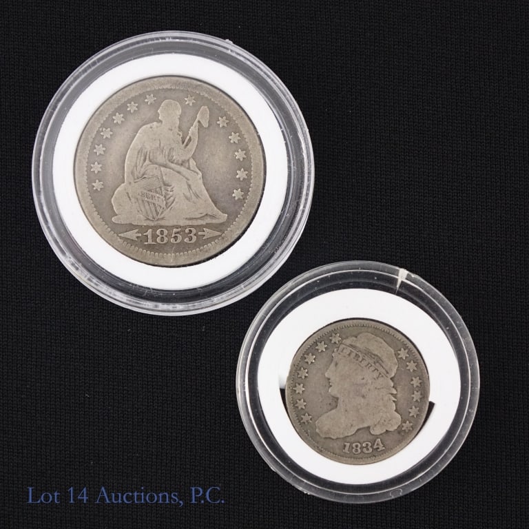 1834 US Silver C/B 10c & 1853 S/L 25c, 2: Two (2) United States 90%-silver coins (Philadelphia Mint) as follows: ---1834 capped bust dime (mintage 635,000); and ---1853 seated liberty quarter. ***Lot 14 Auctions is not a professional numismat